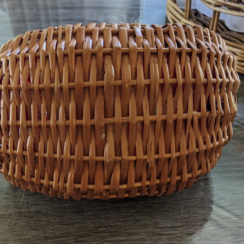 Vintage Wicker Rattan Gathering Gondola Basket Purse Polka Dot Fabric Red